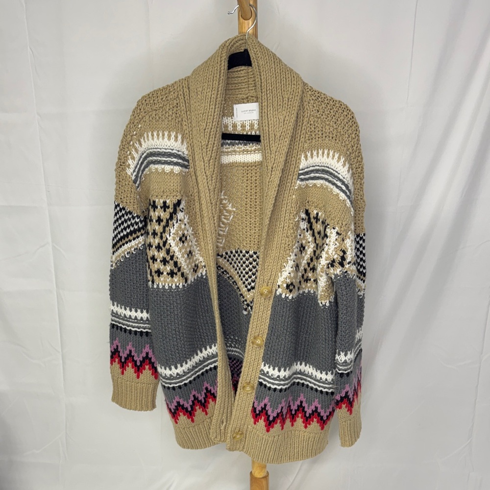 Lucky Brand Tan and Gray Patterned Cardigan